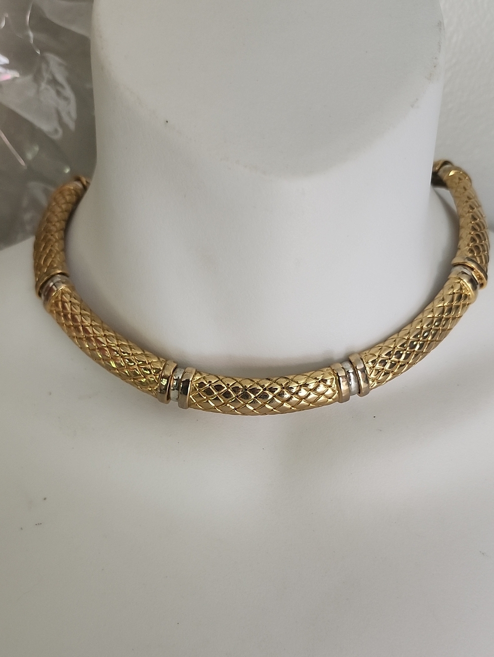 Gold Tone Woven Choker Collar Necklace With Silver Spacer Accents